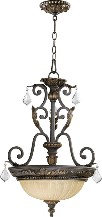 Quorum 8057-3-44 Three Light Pendant, Toasted Sienna With Mystic Silver