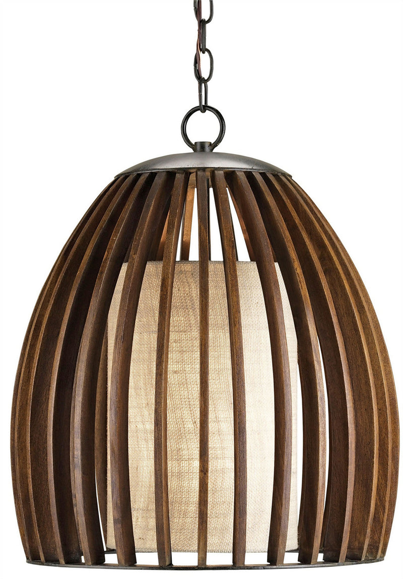 Currey and Company 9099 One Light Pendant, Old Iron/Polished Fruitwood