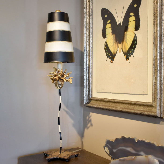 Lucas + McKearn TA1009 One Light Buffet Lamp, Curvy Black/Taupe Metal W/Gold Leaf/Blossom