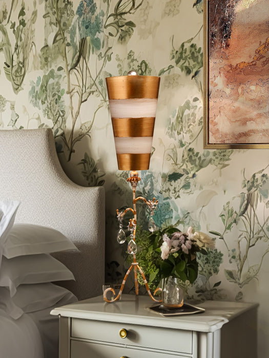 Lucas + McKearn TA1038 One Light Table Lamp, Cream/Gold Striped W/Teardrop Crystals