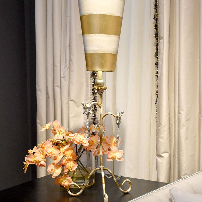 Lucas + McKearn TA1038 One Light Table Lamp, Cream/Gold Striped W/Teardrop Crystals