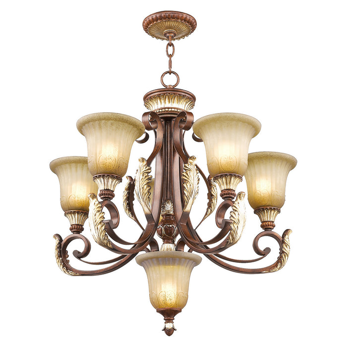 Livex Lighting 8555-63 Six Light Chandelier, Hand Applied Verona Bronze w/ Aged Gold Leafs