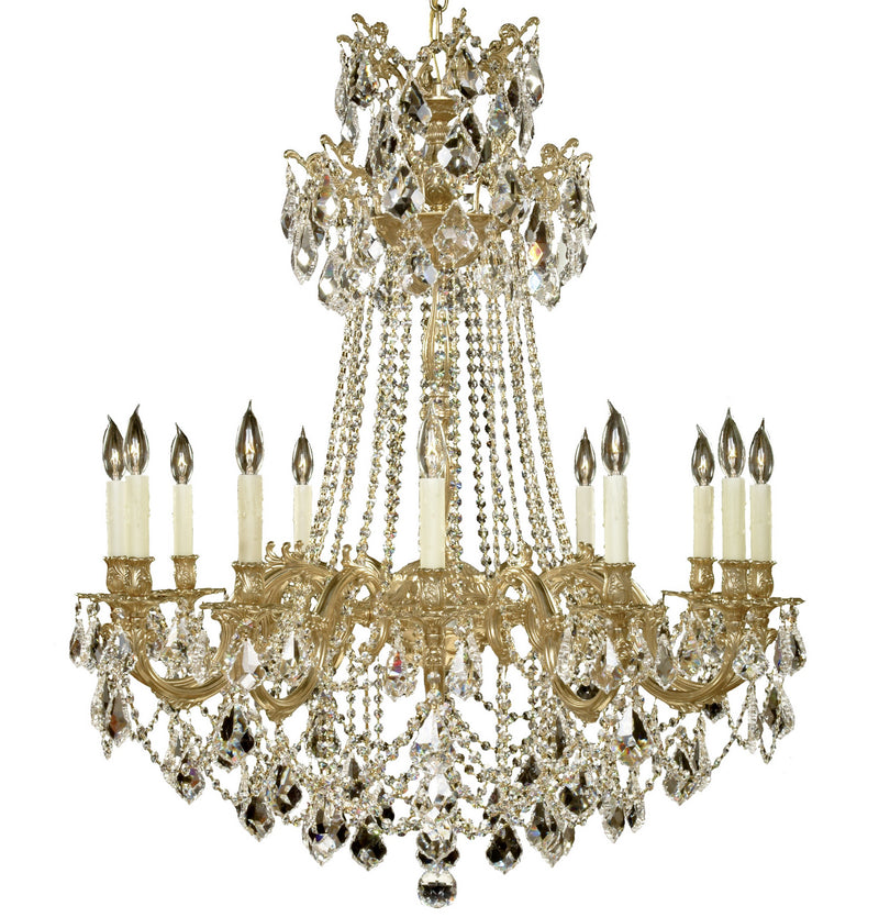 American Brass & Crystal CH9268-A-16G-PI 12 Light Chandelier, True Brass