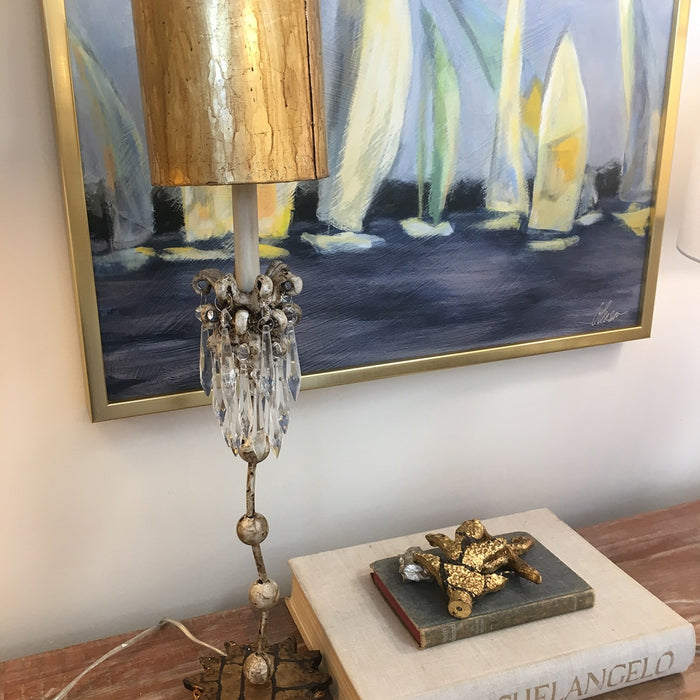 Lucas + McKearn TA1060 One Light Table Lamp, Hand-Painted Beige Patina W/Cut-Glass Crystals