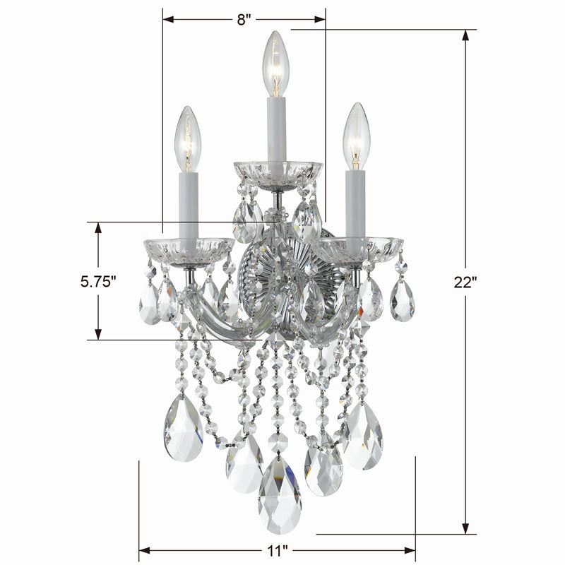 Crystorama 4423-CH-CL-SAQ Three Light Wall Sconce, Polished Chrome