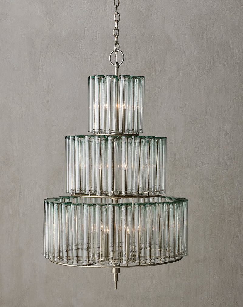 Currey and Company 9309 12 Light Chandelier, Silver Leaf