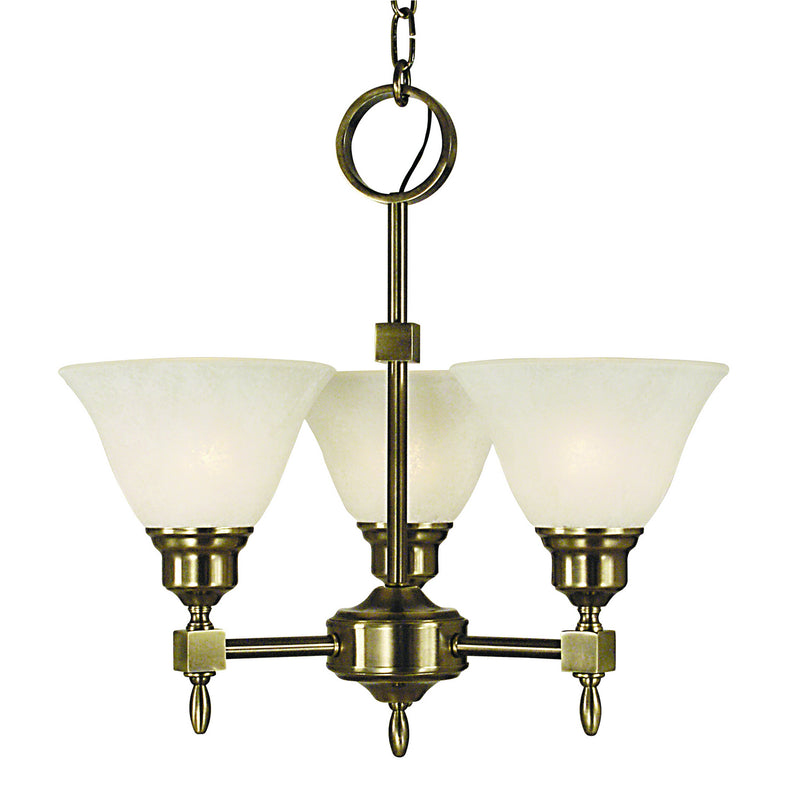 Framburg 2438 AB/WH Three Light Chandelier, Antique Brass w/White Marble Glass Shade