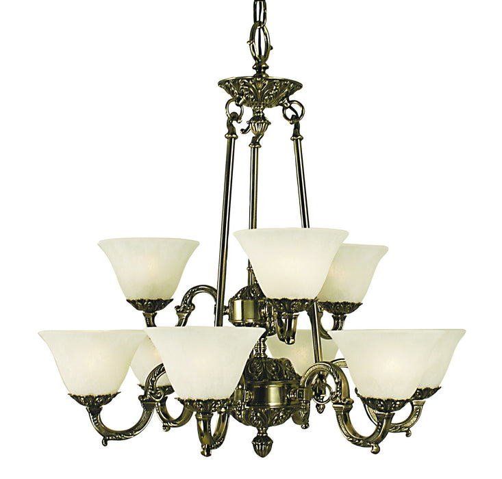 Framburg 7889 FB/WH Nine Light Chandelier, French Brass w/White Marble Glass Shade