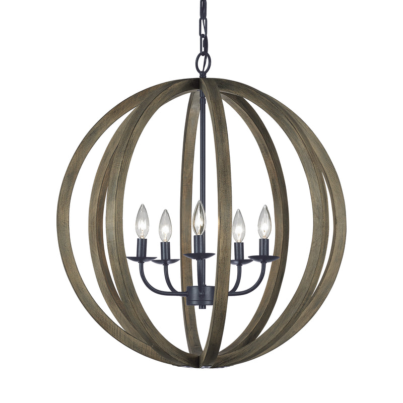 Visual Comfort Studio F2936/5WOW/AF Five Light Pendant, Weathered Oak Wood / Antique Forged Iron