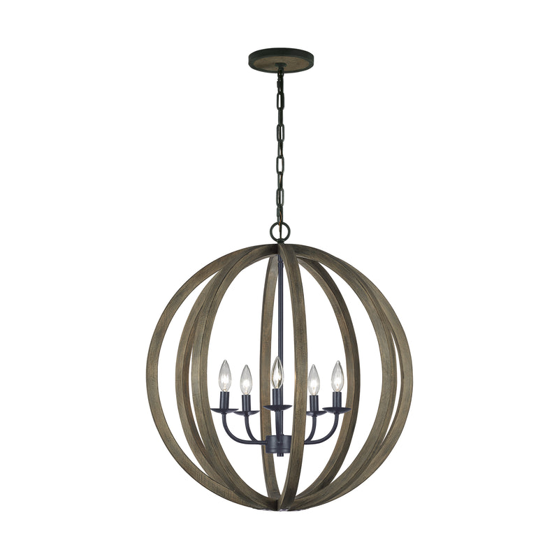 Visual Comfort Studio F2936/5WOW/AF Five Light Pendant, Weathered Oak Wood / Antique Forged Iron