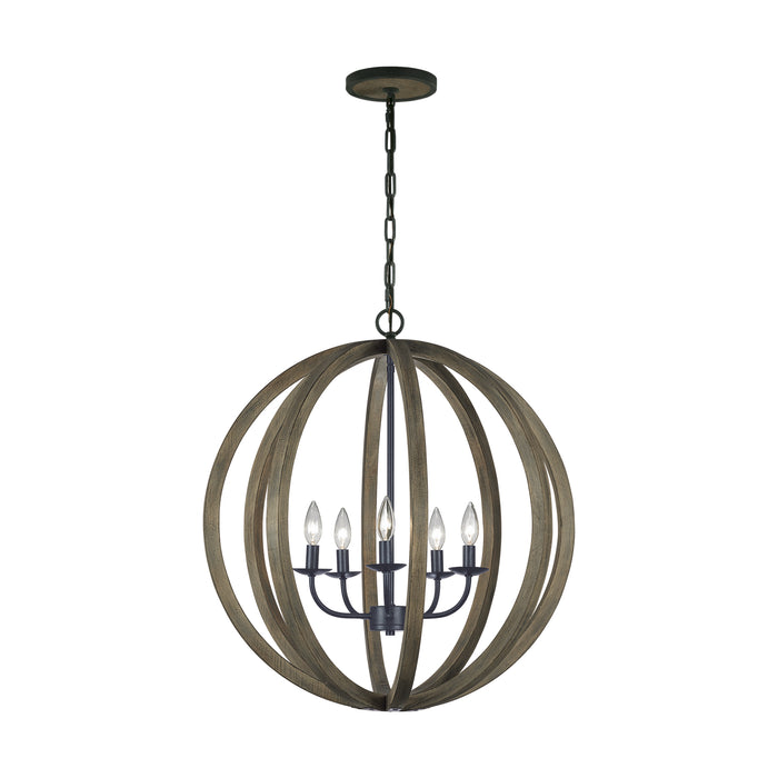 Visual Comfort Studio F2936/5WOW/AF Five Light Pendant, Weathered Oak Wood / Antique Forged Iron