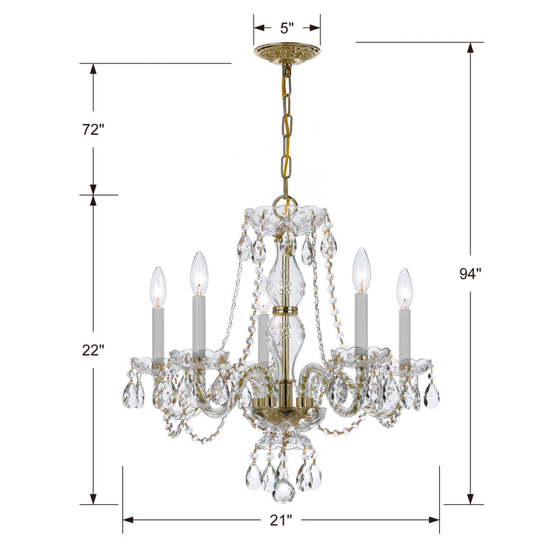 Crystorama 5085-PB-CL-MWP Five Light Chandelier, Polished Brass