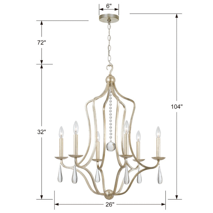 Crystorama 5976-SL Six Light Chandelier, Silver Leaf