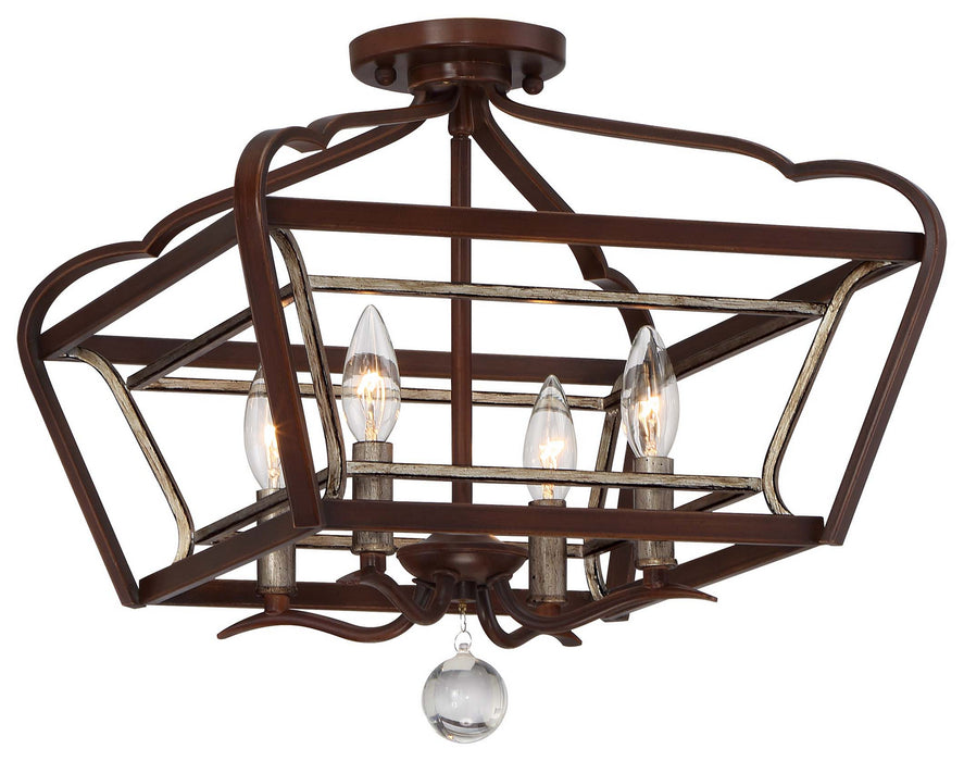 Minka-Lavery 4347-593 Four Light Semi Flush Mount, Dark Rubbed Sienna With Aged Silver