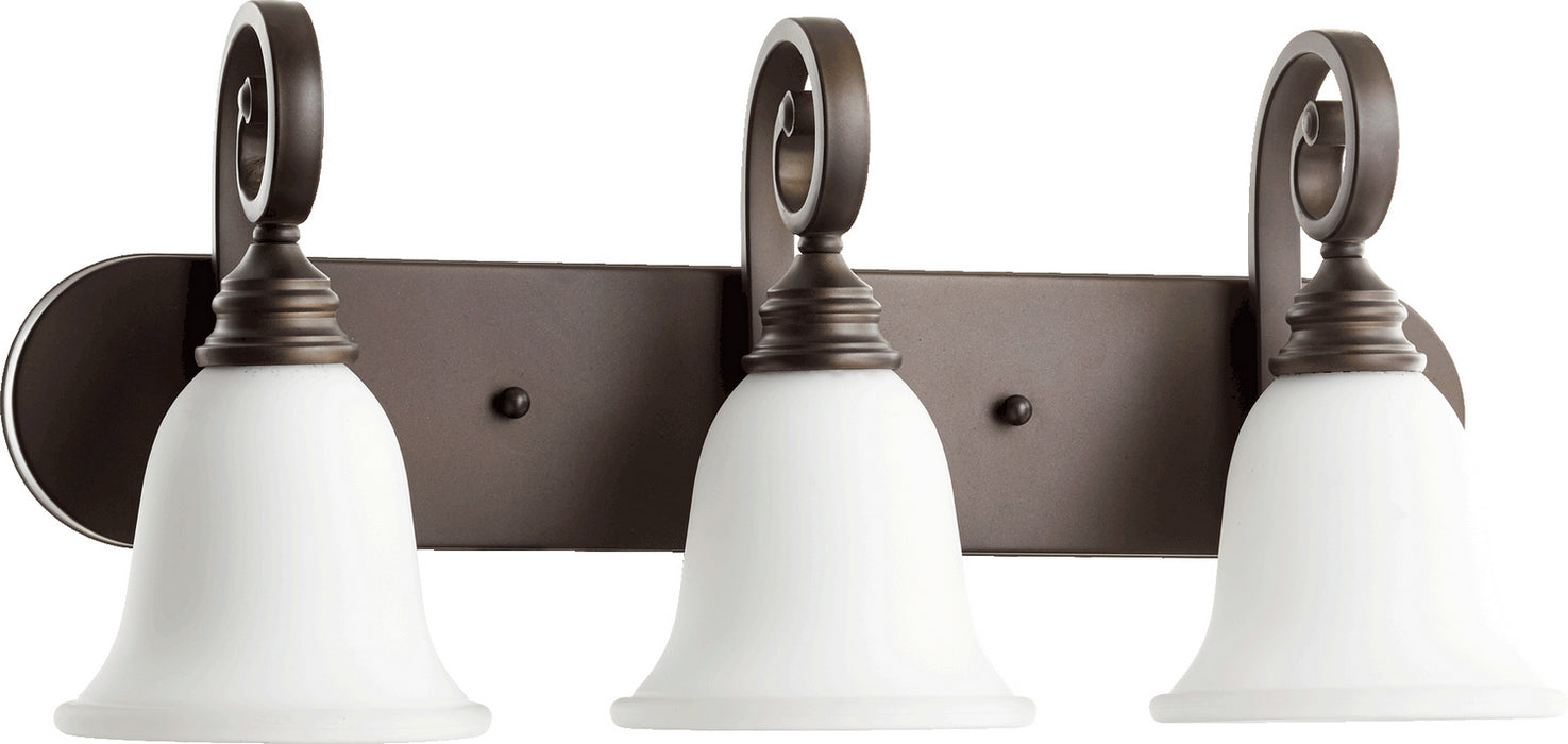 Quorum 5154-3-186 Three Light Vanity, Oiled Bronze w/ Satin Opal