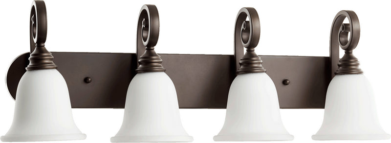 Quorum 5154-4-186 Four Light Vanity, Oiled Bronze w/ Satin Opal