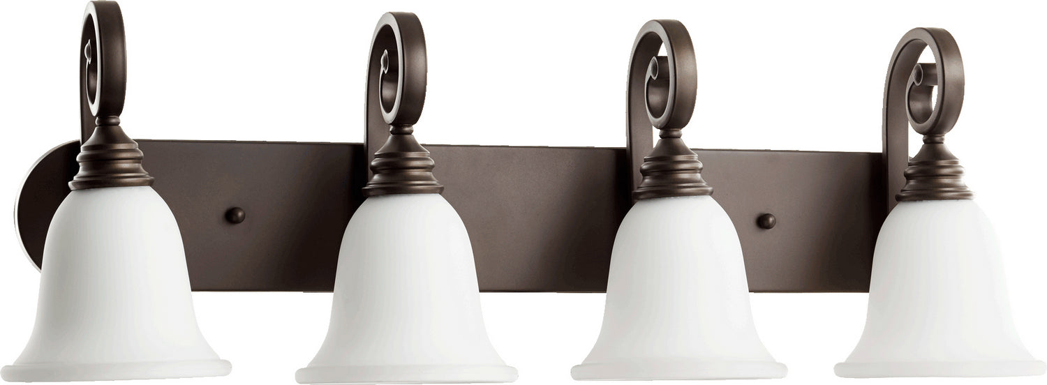 Quorum 5154-4-186 Four Light Vanity, Oiled Bronze w/ Satin Opal