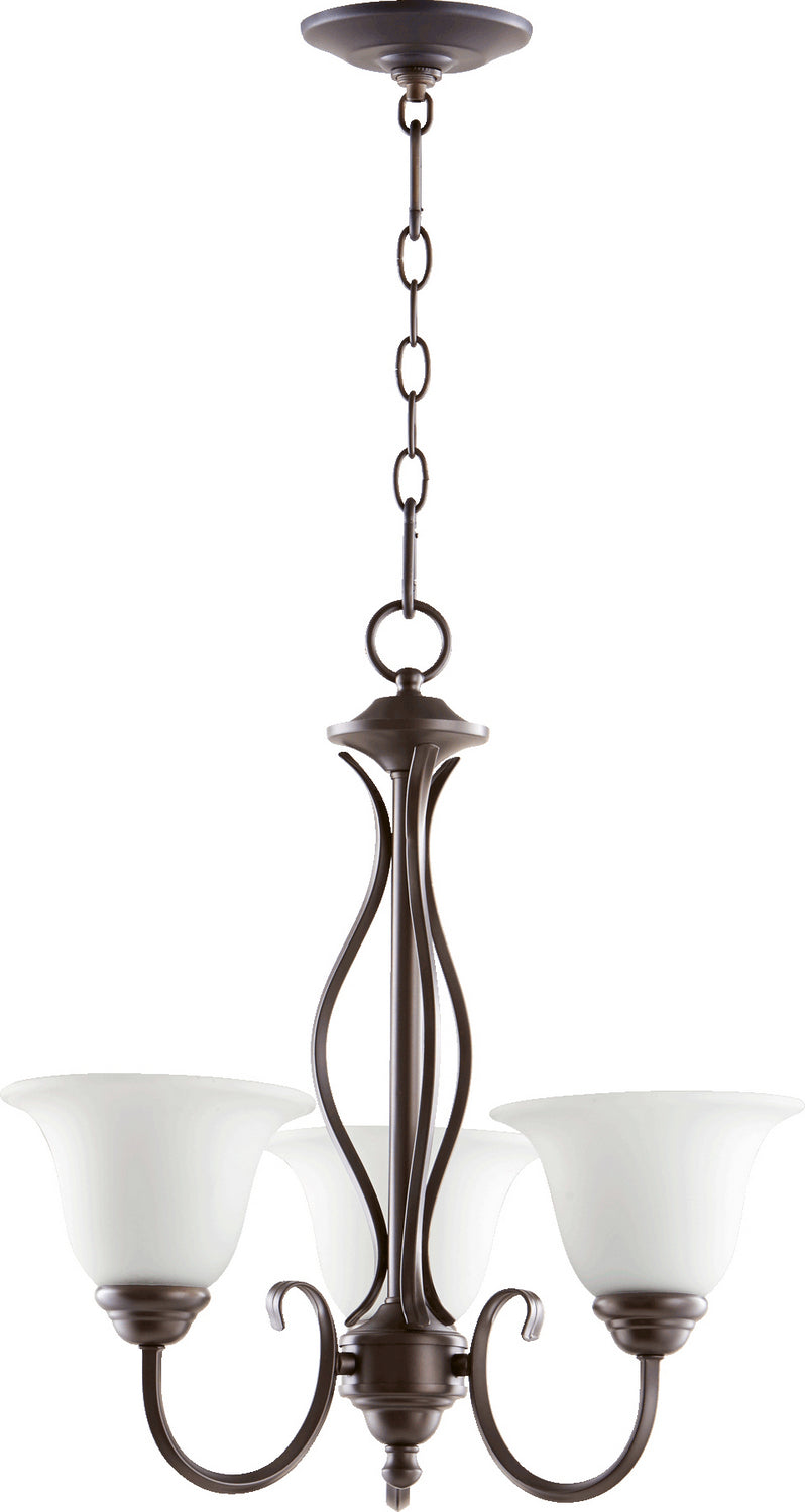 Quorum 6010-3-186 Three Light Chandelier, Oiled Bronze w/ Satin Opal