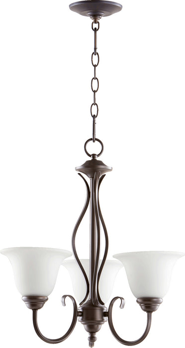 Quorum 6010-3-186 Three Light Chandelier, Oiled Bronze w/ Satin Opal