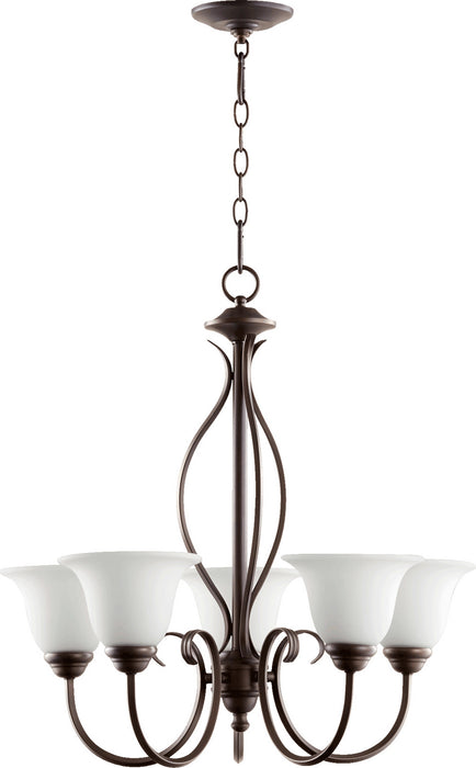Quorum 6010-5-186 Five Light Chandelier, Oiled Bronze w/ Satin Opal