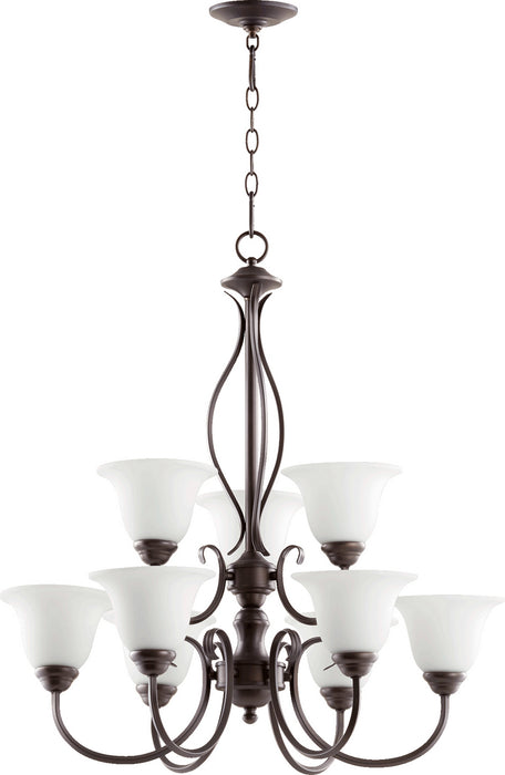 Quorum 6010-9-186 Nine Light Chandelier, Oiled Bronze w/ Satin Opal