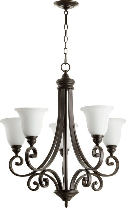 Quorum 6154-5-186 Five Light Chandelier, Oiled Bronze w/ Satin Opal