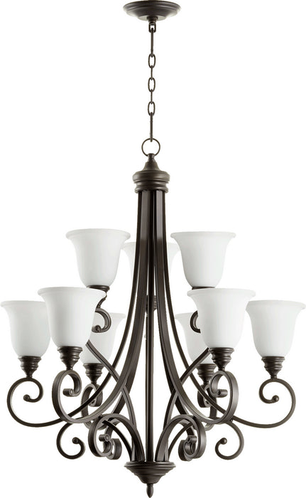 Quorum 6154-9-186 Nine Light Chandelier, Oiled Bronze w/ Satin Opal