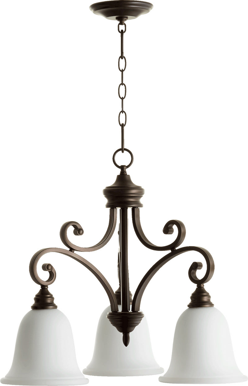 Quorum 6354-3-186 Three Light Chandelier, Oiled Bronze w/ Satin Opal