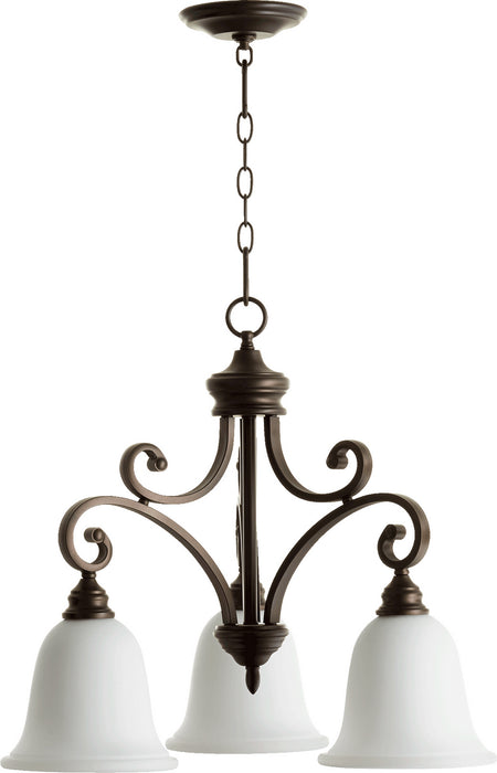 Quorum 6354-3-186 Three Light Chandelier, Oiled Bronze w/ Satin Opal
