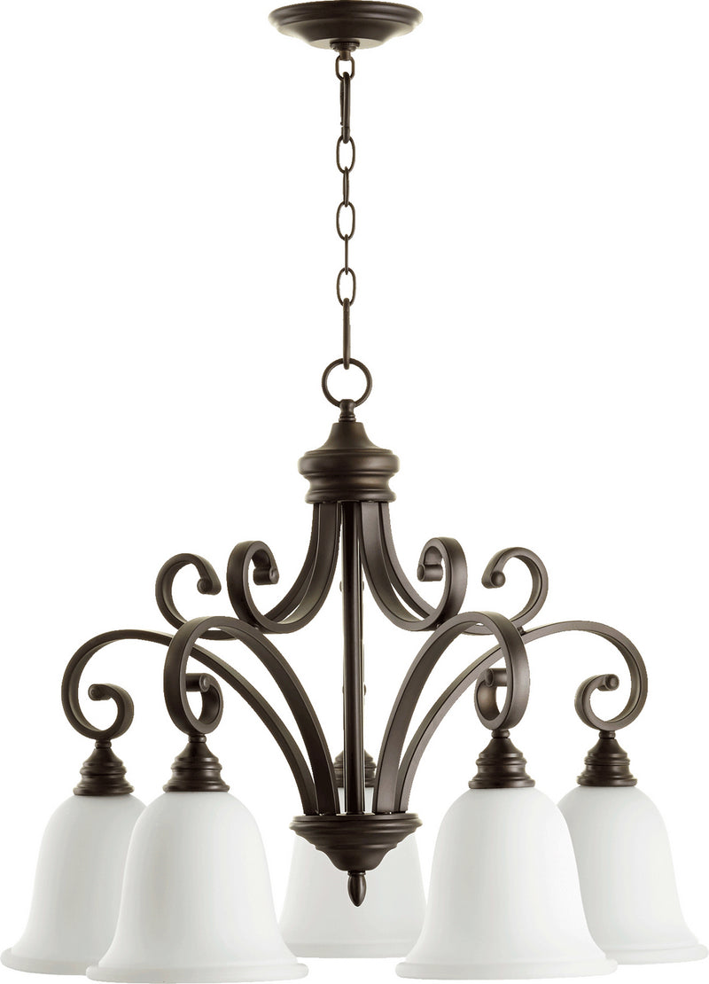 Quorum 6354-5-186 Five Light Chandelier, Oiled Bronze w/ Satin Opal
