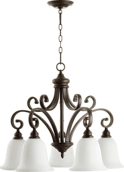 Quorum 6354-5-186 Five Light Chandelier, Oiled Bronze w/ Satin Opal