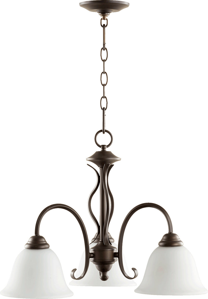 Quorum 6410-3-186 Three Light Chandelier, Oiled Bronze w/ Satin Opal