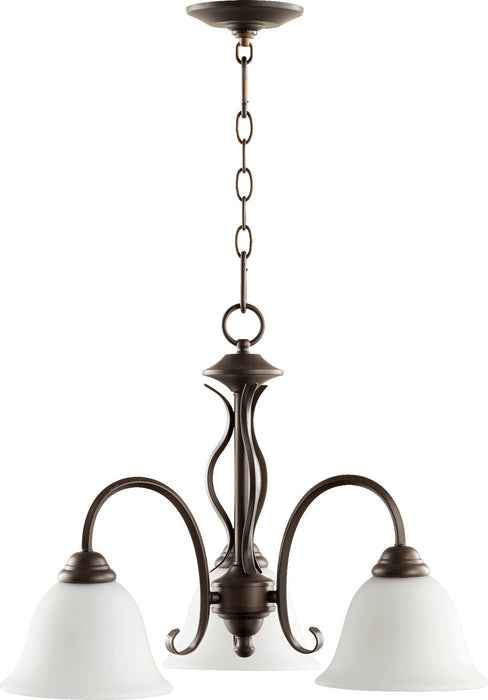 Quorum 6410-3-186 Three Light Chandelier, Oiled Bronze w/ Satin Opal