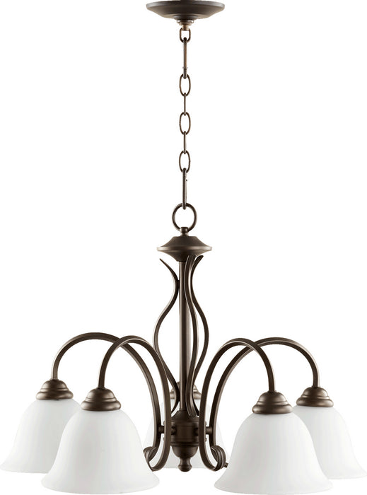 Quorum 6410-5-186 Five Light Chandelier, Oiled Bronze w/ Satin Opal