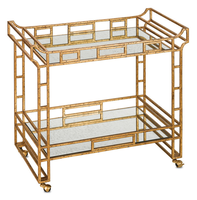 Currey and Company 4217 Bar Cart, Seneca Gold Leaf/Light Roche Antique Mirror