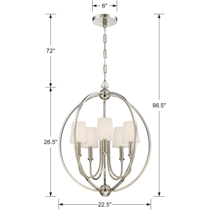 Crystorama 2247-PN Five Light Chandelier, Polished Nickel