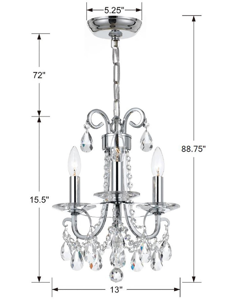Crystorama 6823-CH-CL-MWP Three Light Mini Chandelier, Polished Chrome