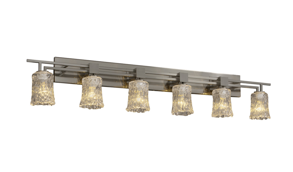 Justice Designs GLA-8706-16-CLRT-NCKL Six Light Bath Bar, Brushed Nickel