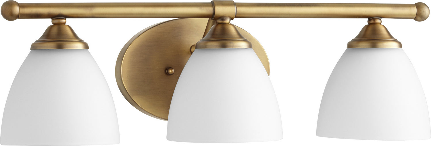 Quorum 5150-3-80 Three Light Vanity, Aged Brass w/ Satin Opal
