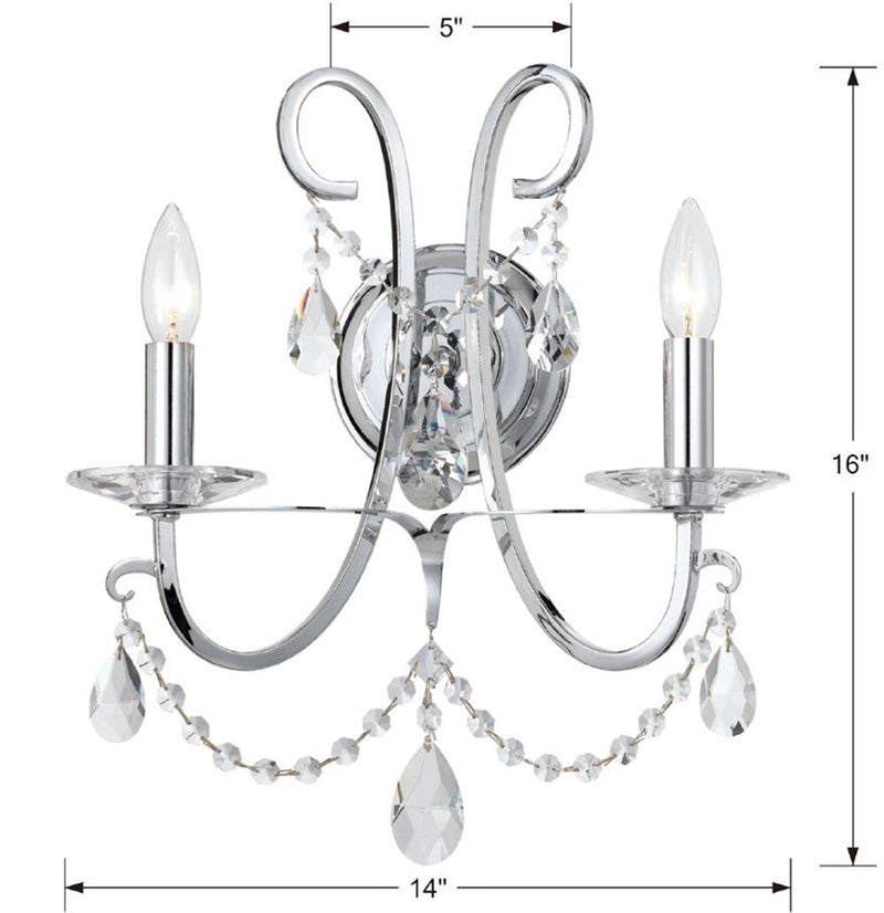 Crystorama 6822-CH-CL-MWP Two Light Wall Sconce, Polished Chrome