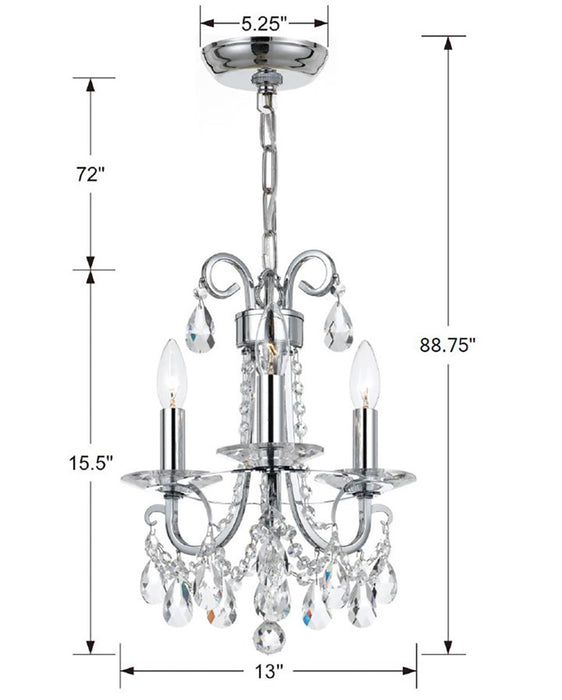 Crystorama 6823-CH-CL-SAQ Three Light Mini Chandelier, Polished Chrome