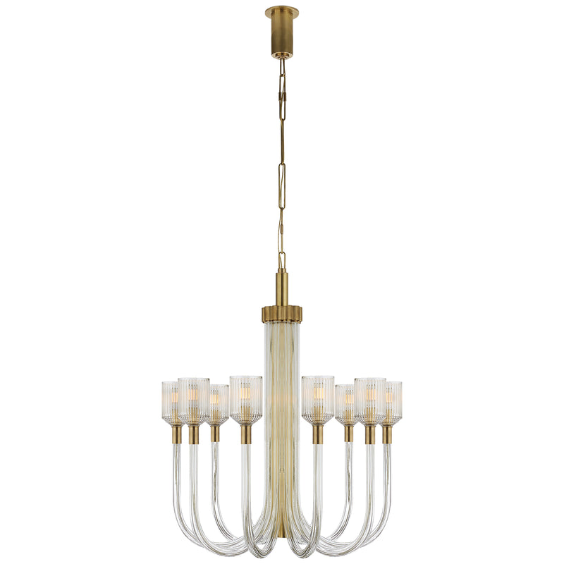 Visual Comfort Signature KW 5401CRB/AB Ten Light Chandelier, Clear Ribbed Glass and Brass