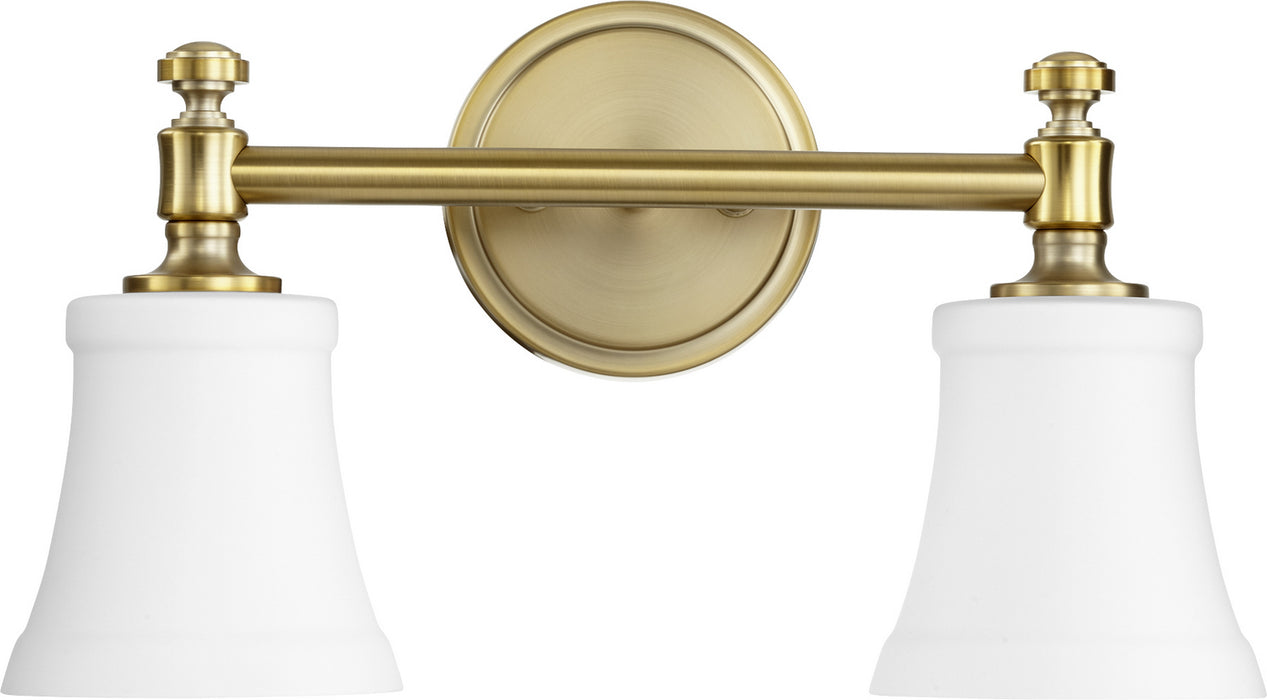 Quorum 5122-2-80 Two Light Vanity, Aged Brass w/ Satin Opal