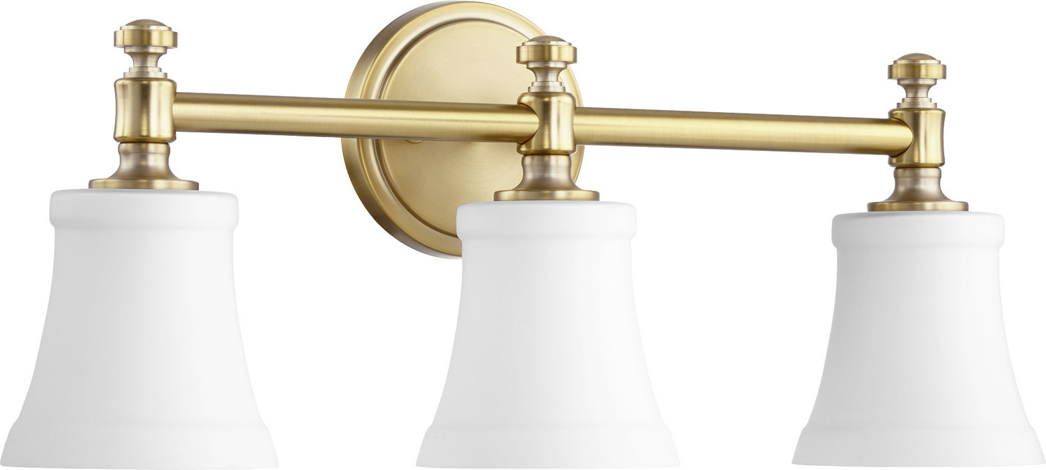 Quorum 5122-3-80 Three Light Vanity, Aged Brass w/ Satin Opal