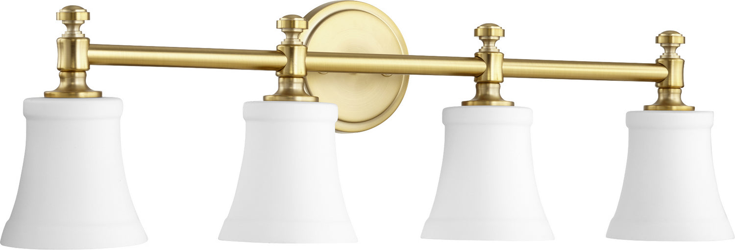 Quorum 5122-4-80 Four Light Vanity, Aged Brass w/ Satin Opal