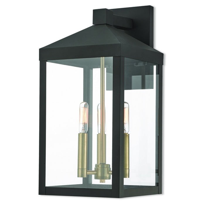Livex Lighting 20584-07 Three Light Outdoor Wall Lantern, Bronze w/ Antique Brass Cluster