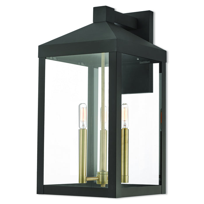 Livex Lighting 20585-07 Three Light Outdoor Wall Lantern, Bronze w/ Antique Brass Cluster