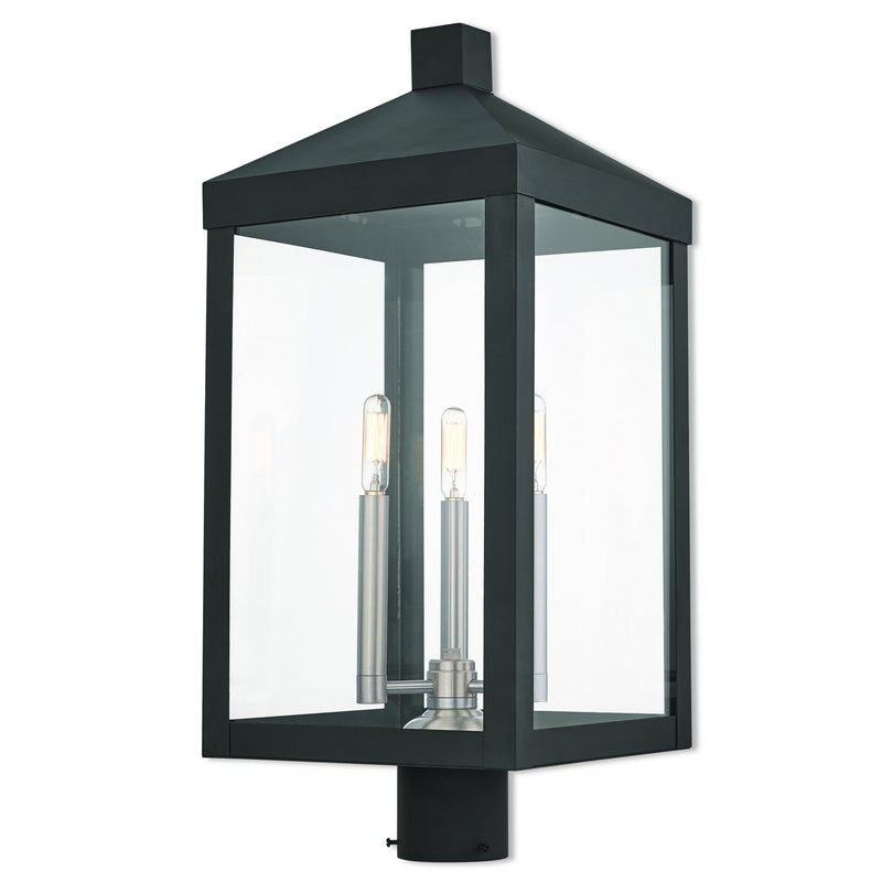 Livex Lighting 20586-04 Three Light Post-Top Lanterm, Black w/ Brushed Nickel Cluster