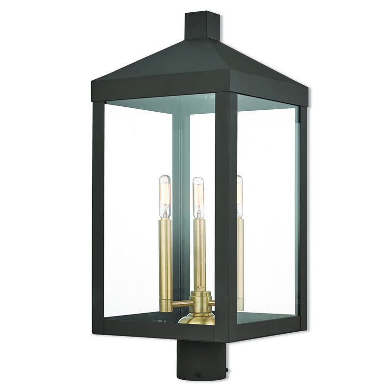 Livex Lighting 20586-07 Three Light Post-Top Lanterm, Bronze w/ Antique Brass Cluster