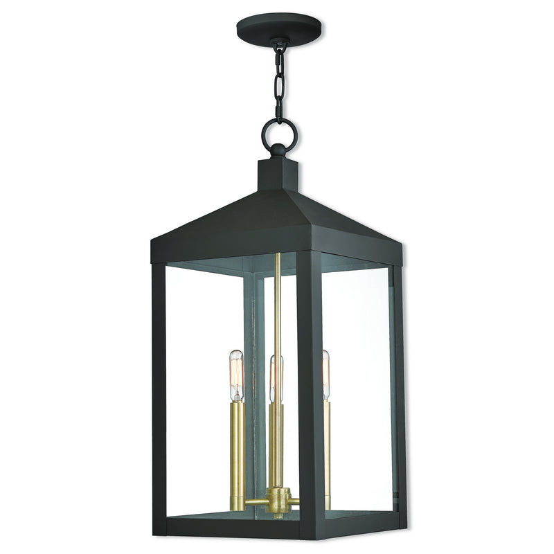 Livex Lighting 20587-07 Three Light Outdoor Pendant, Bronze w/ Antique Brass Cluster